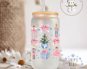 Coquette Pink Nutcracker Personalized Glass Tumbler Cup | Pretty Holiday Iced Coffee Cup | 16 oz/20 oz | Cute Xmas Cup | Book Club Gift