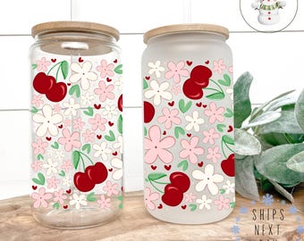 Cherries and Flowers Glass Libbey Cup | 4th of July Tumbler Iced Coffee Cup | 16 oz/20 oz | Summer Cup Lid Straw