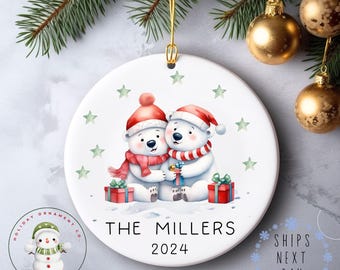 Family Couple Personalized Name Christmas Ornament | Polar Bear Family Glass or Ceramic Holiday Ornament | Keepsake Gift | Multiple Options