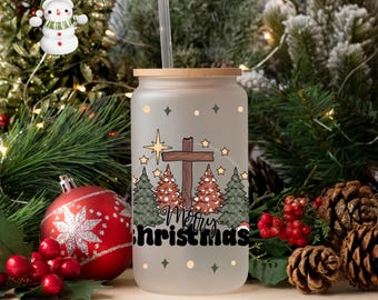 Merry Christmas Cross Religious Glass Tumbler Cup | Jesus Holiday Iced Coffee Cup | 16 oz/20 oz | Cute Xmas Cup | Book Club Gift