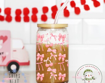 Coquette Bows Valentine Libbey Glass Tumbler | Girlfriend Wife Gift Girly Iced Coffee Cup | 16 oz or 20 oz | Bookclub Cup | Party Favors