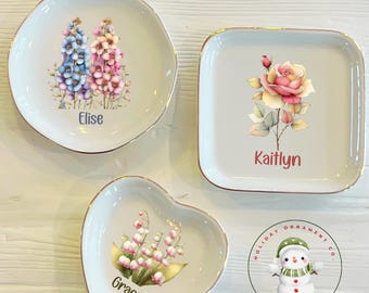 Personalized Whimsical Birth Flower Ring Trinket Dish | Personalized Gift | Birthday Jewelry Dish | Wedding Bridesmaid Gift | Mom Gift