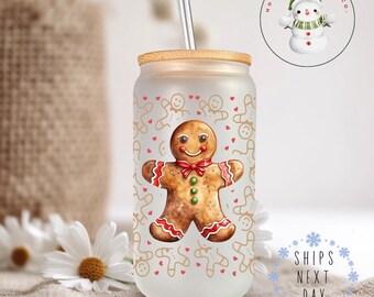 Gingerbread Ornament Christmas Glass Tumbler Cup | Pretty Holiday Iced Coffee Cup | 16 oz/20 oz | Cute Xmas Cup | Book Club Gift