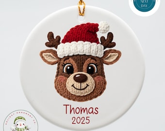 Personalized Faux Yarn Reindeer Ceramic Holiday Ornament | Kids Name Christmas Ornament