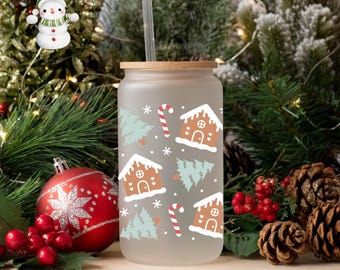 Gingerbread House Christmas Glass Tumbler Cup | Pretty Holiday Iced Coffee Cup | 16 oz/20 oz | Classic Xmas Cup | Book Club Gift