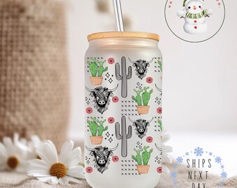 Cactus Steer Farm Life Glass Tumbler Cup | Cute Cow Iced Coffee Cup | 16 oz/20 oz | Cute Xmas Cup | Book Club Gift