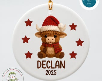Personalized Faux Yarn Highland Cow Ceramic Holiday Ornament | Kids Name Christmas Ornament