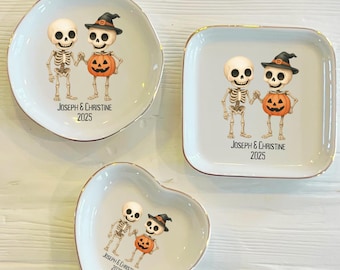 Personalized Skeleton Couple Ring Dish: Custom Ceramic Halloween Jewelry Holder