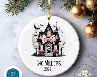 Personalized Family Name Halloween Ornament | Coquette Haunted House Halloween Glass or Ceramic Holiday Ornament | Spooky Holiday Gift