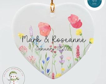 Personalized Wildflower Heart Ornament: Custom Ceramic Couples Gift