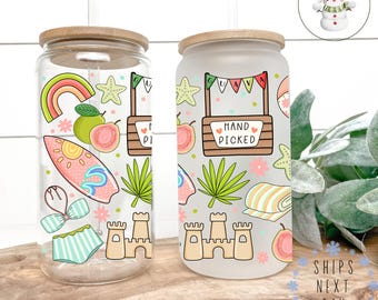 Surf Sun and Fun Pastel Glass Libbey Cup | Pretty Summer Tumbler Iced Coffee Cup | 16 oz/20 oz | Beach Themed Glass Cup Lid Straw