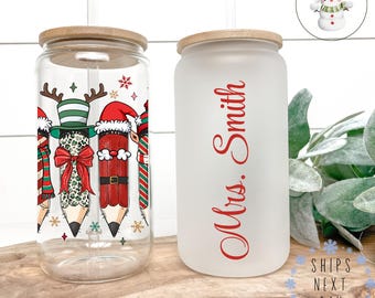 Personalized Teacher Christmas Glass Tumbler Cup | Pretty Holiday Iced Coffee Cup | 16 oz/20 oz | Cute Xmas Cup | Teacher Holiday Gift