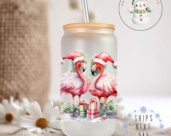 Flamingos with Santa Hat Christmas Glass Tumbler Cup | Fun Holiday Iced Coffee Cup | 16 oz/20 oz | Cute Xmas Cup | Book Club Gift
