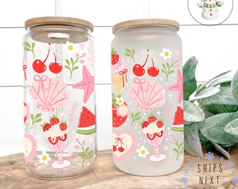 Berry Seashells Glass Libbey Cup |Pink  Sea Shell Iced Coffee Cup | 16 oz/20 oz | Party Favors | Summer Cup
