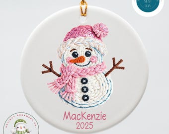 Personalized Faux Yarn Girl Snowman Ceramic Holiday Ornament | Kids Name Christmas Ornament