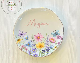 Personalized Butterfly Garden Flower Ring Trinket Dish | Custom Jewelry Dish | Wedding Bridesmaid Gift