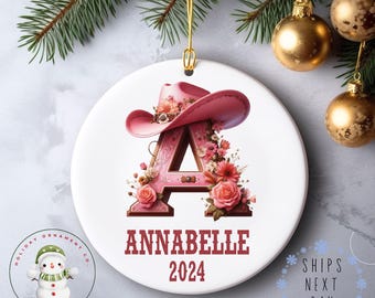 Cowgirl Personalized Letter Name Christmas Ornament | Keepsake Ceramic Holiday Ornament | Farm  Gift Baby