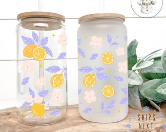 Lemons and Flowers Glass Libbey Cup | Beautiful Iced Coffee Cup | 16 oz/20 oz | Party Favors | Book Club Cup