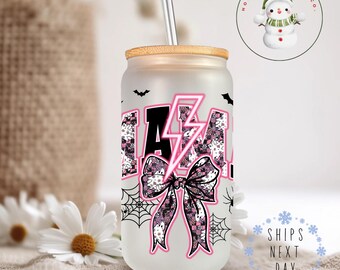 Mama Spider Web Bow Coquette Glass Tumbler Cup | Mom Halloween Iced Coffee Cup | 16 oz/20 oz | Cute Halloween Lover Cup | Gifts for Her