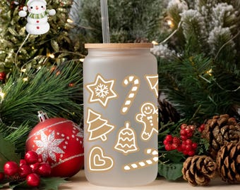 Gingerbread Cookies Glass Tumbler Cup | Pretty Holiday Iced Coffee Cup | 16 oz/20 oz | Cute Xmas Cup | Book Club Gift