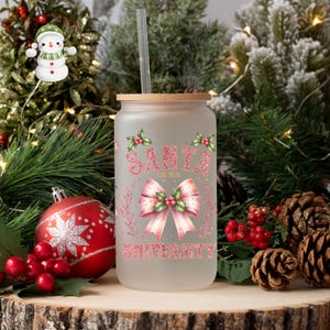 Santa University Pink Christmas Glass Tumbler Cup | Coquette Holiday Iced Coffee Cup | 16 oz/20 oz | Girly Xmas Cup | Book Club Gift