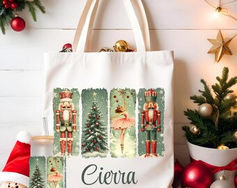Retro Nutcracker Tote Bag and Frosted 16 oz Libbey Glass Cup, Personalized Large Tote Gift Bag, Ice Coffee Cup w/ Lid and Straw