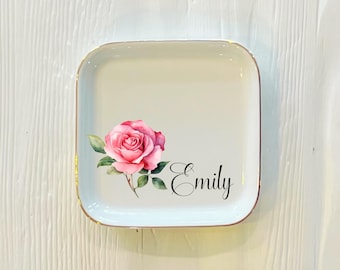 Custom Name Birth Flower Ring Trinket Dish | Watercolor Flower Jewelry Dish | Mothers Day Gift | Wedding Bridesmaid Gift | Gift for Her