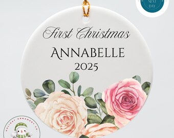 Roses First Christmas Personalized Ornament | Keepsake Ceramic Baby Ornament