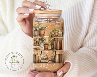 Plant Bookshelf Glass Tumbler Cup | Gardening Libbey Iced Coffee Cup | 16 oz/20 oz | Gifts for Her