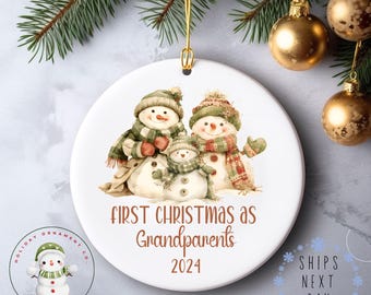 Watercolor Snowmen First Grandparent Christmas Ornament | Personalized Ceramic Ornament Gift | Gift for New Grandparents