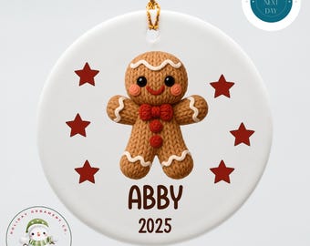 Personalized Faux Yarn Gingerbread Ceramic Holiday Ornament | Kids Name Christmas Ornament