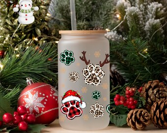 Dog Paws Reindeer Christmas Glass Tumbler Cup | Dog Mom Holiday Iced Coffee Cup | 16 oz/20 oz | Cute Doggie Xmas Cup | Book Club Gift