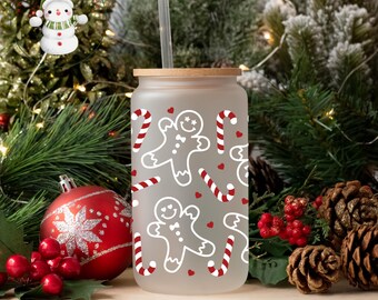 Candy Cane Christmas Glass Tumbler Cup | Pretty Holiday Iced Coffee Cup | 16 oz/20 oz | Cute Xmas Cup | Book Club Gift