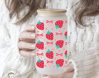 Strawberries and Bows Glass Libbey Cup | Pretty Girly Tumbler Iced Coffee Cup | 16 oz/20 oz | Strawberry Coquette Theme | Gift for Her