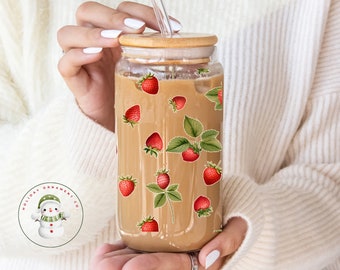 Strawberry Glass Tumbler | Cute Iced Coffee Cup | 16 oz or 20 oz | Gifts for Her | Favors | Mothers Day Gift