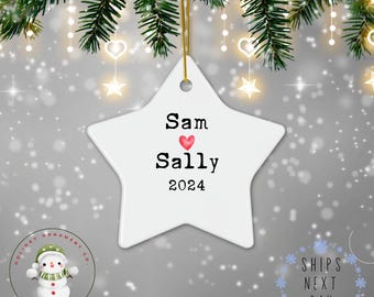 Rustic Star Couples Name Christmas Ornament | Cute Couples Gift Ceramic Holiday Ornament | Personalized Ornament