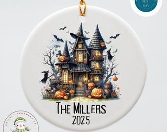 Personalized Family Name Halloween Ceramic Ornament | Haunted House