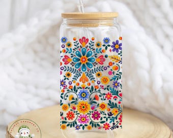 Mexican Floral Glass Coffee Cup | Bright Pretty Iced Libbey Cup | 16 oz/20 oz | Party Favors | Book Club Matching Cups