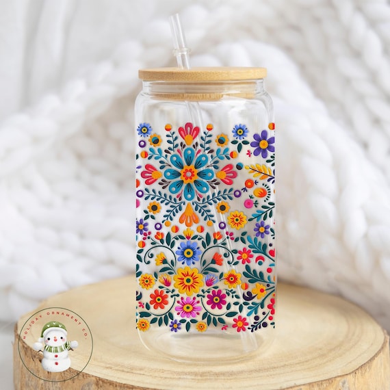 Mexican Floral Glass Coffee Cup: Bright Iced Libbey Cup (16/20 oz)