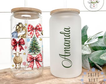 Nativity Coquette Personalized Glass Tumbler Cup | Pretty Religious Holiday Iced Coffee Cup | 16 oz/20 oz | Cute Xmas Cup | Book Club Gift