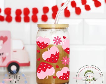 Strawberries Valentine Libbey Glass Tumbler | Girlfriend Wife Gift Girly Iced Coffee Cup | 16 oz or 20 oz | Bookclub Cup | Party Favors