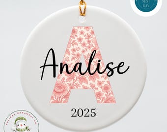 Pink Toile Initial Name Christmas Ornament | Girls Holiday Ornament | Custom Ceramic Ornament Gift