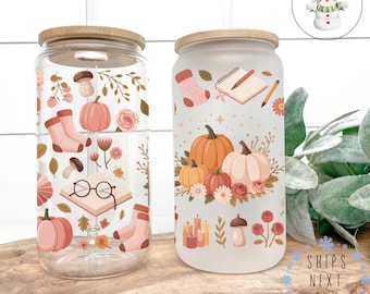 Watercolor Pumpkin Coffee Glass Tumbler: Cozy Fall Iced Cup (16 oz/20 oz)