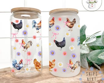 Chickens and Daisies Glass Libbey Cup | Cute Chicken Iced Coffee Cup | 16 oz/20 oz | Party Favors | Farm Life Cup