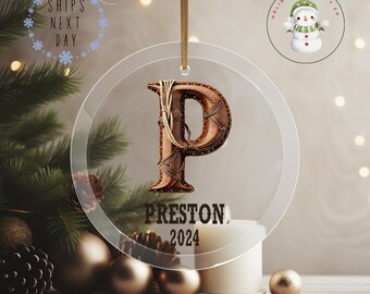 Cowboy Personalized Letter Name Christmas Ornament | Keepsake Ceramic Holiday Ornament | Farm  Gift Baby