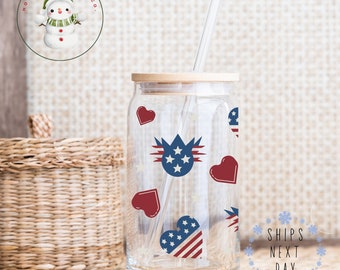 4th of July Glass Tumbler Cup | Americana Iced Coffee Cup | 16 oz/20 oz | Summer BBQ Party Cup | Cute Party Favors