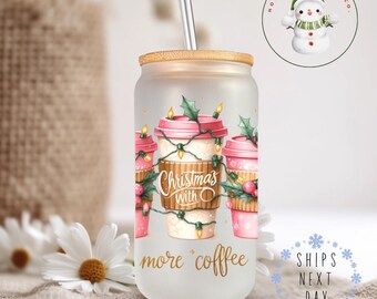 More Coffee Christmas Lights Glass Tumbler Cup | Pink Cute Holiday Iced Coffee Cup | 16 oz/20 oz | Cute Xmas Cup | Gifts for Her