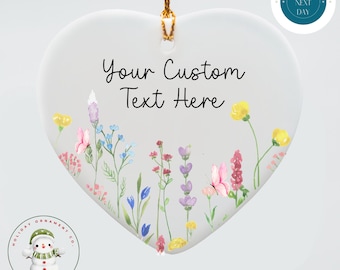 Personalized Your Custom Text Wildflower Butterfly Heart Ornament: Custom Ceramic Ornament Gift