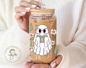 Bookish Ghost Glass Tumbler Cup | Halloween Iced Coffee Cup | 16 oz/20 oz | Cute Reader Cup | Gifts for Her