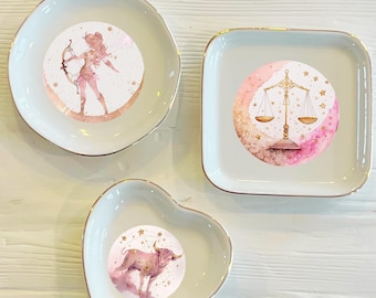 Pink and Gold Zodiac Symbol Ring Dish | Girly Zodiac Trinket Dish | Birthday Gift for Her